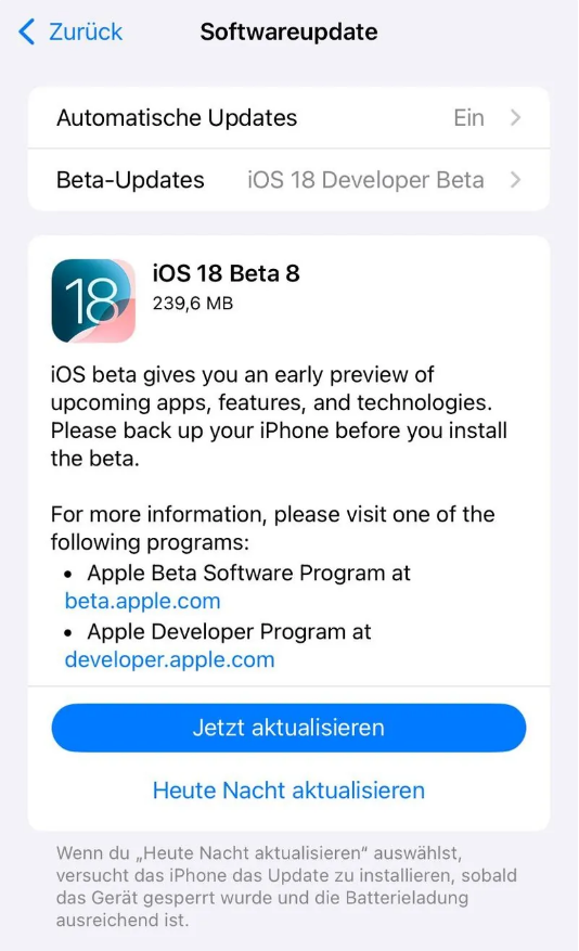 吴兴苹果手机维修分享苹果 iOS / iPadOS 18 开发者预览版 Beta 8 发布 